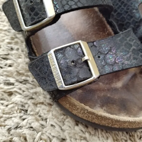 Birkenstock Arizona chameleon snake print black leather sandals sz 38/7,5