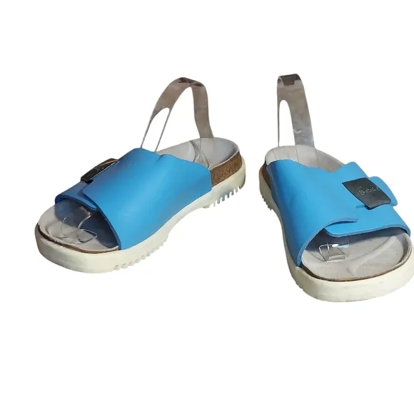 Birkenstock Betula Bright Blue Leather Buckle Strap Accent Sandals Women's