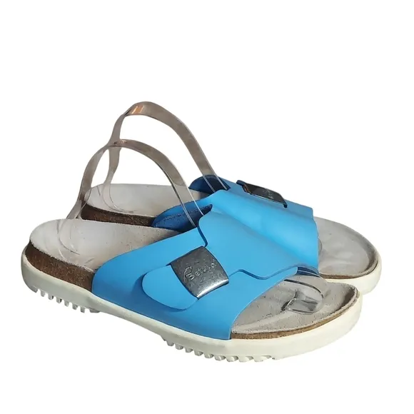 Birkenstock Betula Bright Blue Leather Buckle Strap Accent Sandals Women's