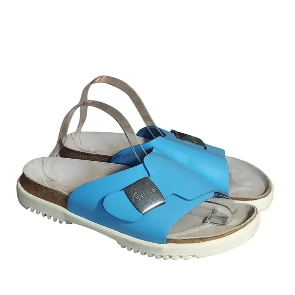Birkenstock Betula Bright Blue Leather Buckle Strap Accent Sandals Women's