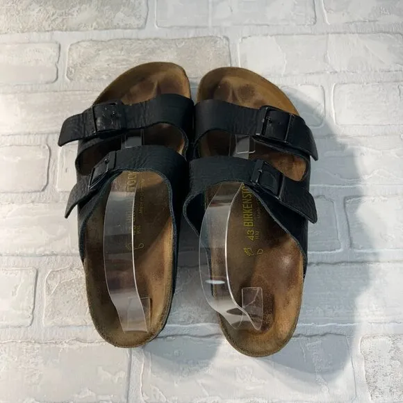 Birkenstock Mens Arizona Black Leather Sandals 10 43 Slip On Slides Double Strap