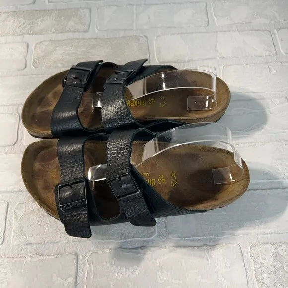 Birkenstock Mens Arizona Black Leather Sandals 10 43 Slip On Slides Double Strap