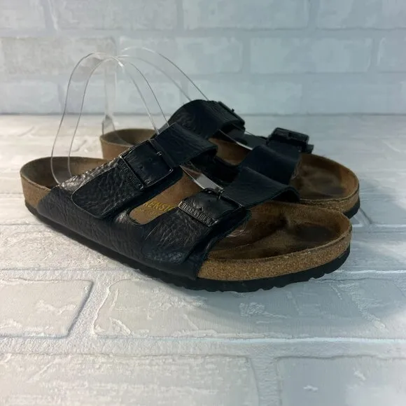 Birkenstock Mens Arizona Black Leather Sandals 10 43 Slip On Slides Double Strap