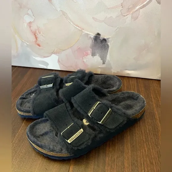 Birkenstock Men's Arizona Sandals Shearling Suede Leather Mountain View navy
