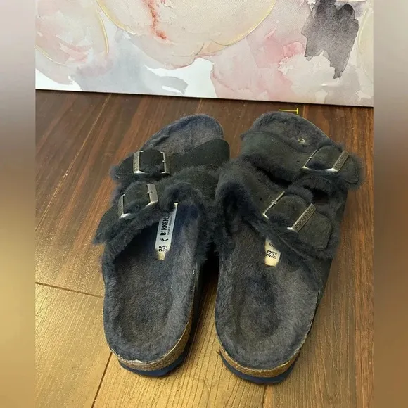 Birkenstock Men's Arizona Sandals Shearling Suede Leather Mountain View navy