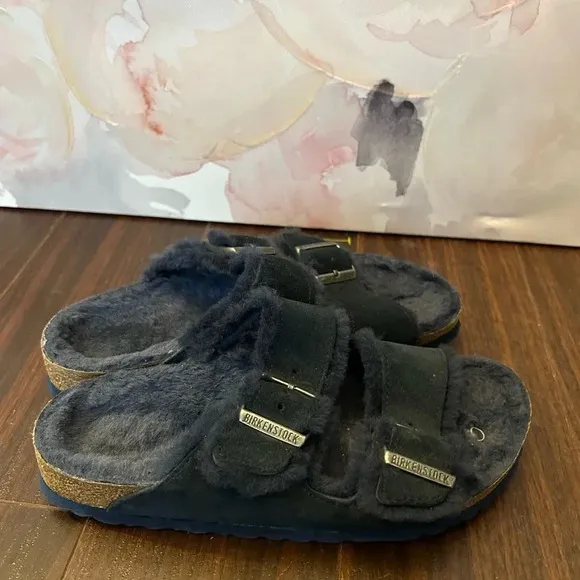 Birkenstock Men's Arizona Sandals Shearling Suede Leather Mountain View navy