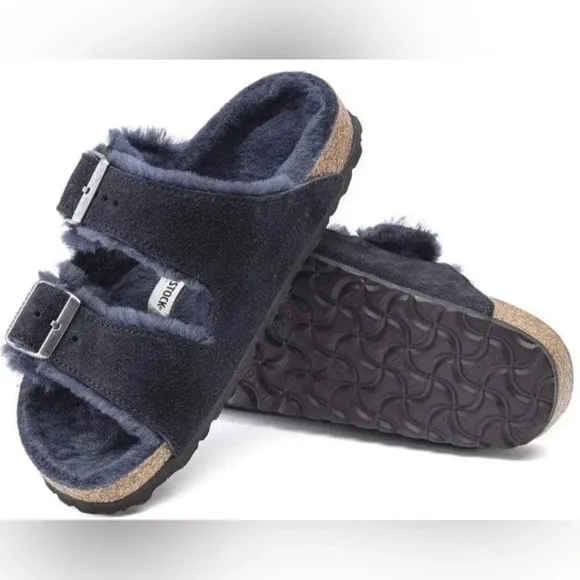 Birkenstock Men's Arizona Sandals Shearling Suede Leather Mountain View navy
