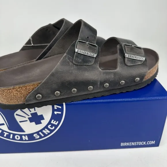 Birkenstock Sandals Men 13 (46 EU) Arizona Light Studs Iron Oiled Leather NEW