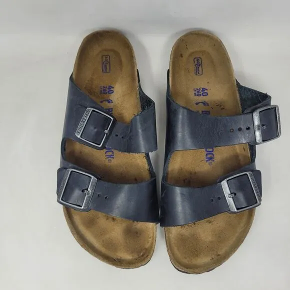 Birkenstock Sandals Mens EU40 US7 Arizona Navy Blue Leather Slides Soft Footbed