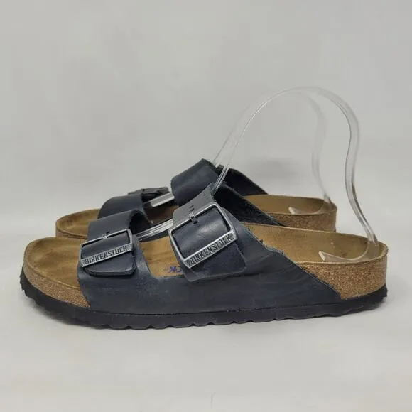 Birkenstock Sandals Mens EU40 US7 Arizona Navy Blue Leather Slides Soft Footbed