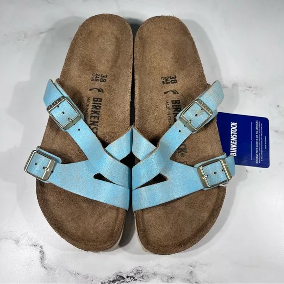 Birkenstock Yao Balance Washed Metallic Aqua Leather Sandals