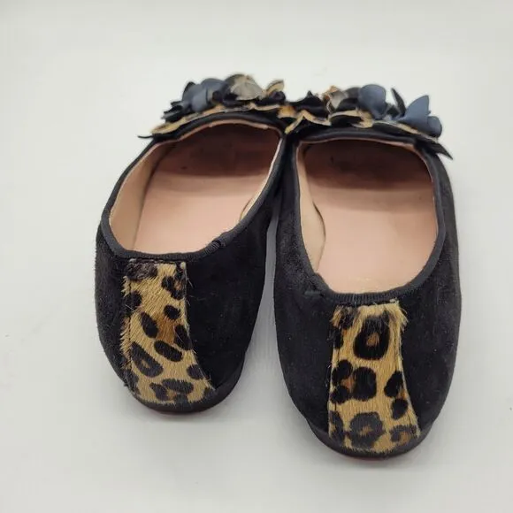Bisue Ballerinas Suede Animal Print flower ruffle black Flats Size EU 38 US 7.5