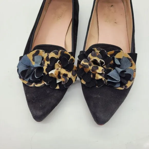 Bisue Ballerinas Suede Animal Print flower ruffle black Flats Size EU 38 US 7.5