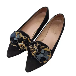 Bisue Ballerinas Suede Animal Print flower ruffle black Flats Size EU 38 US 7.5