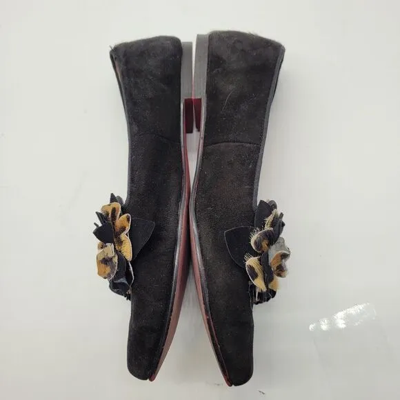 Bisue Ballerinas Suede Animal Print flower ruffle black Flats Size EU 38 US 7.5