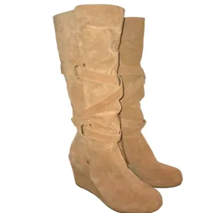 Bjorndal Tan Suede Leather Strappy Wedge Heeled Side Zip Knee High Boots Size 8