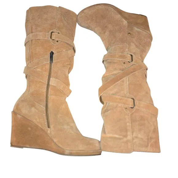 Bjorndal Tan Suede Leather Strappy Wedge Heeled Side Zip Knee High Boots Size 8