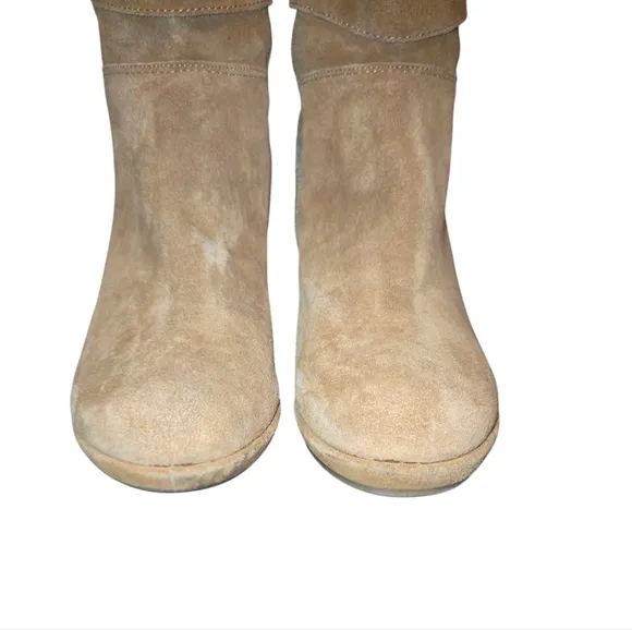 Bjorndal Tan Suede Leather Strappy Wedge Heeled Side Zip Knee High Boots Size 8