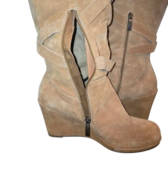 Bjorndal Tan Suede Leather Strappy Wedge Heeled Side Zip Knee High Boots Size 8
