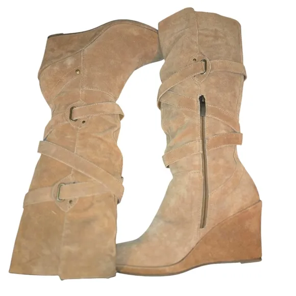Bjorndal Tan Suede Leather Strappy Wedge Heeled Side Zip Knee High Boots Size 8