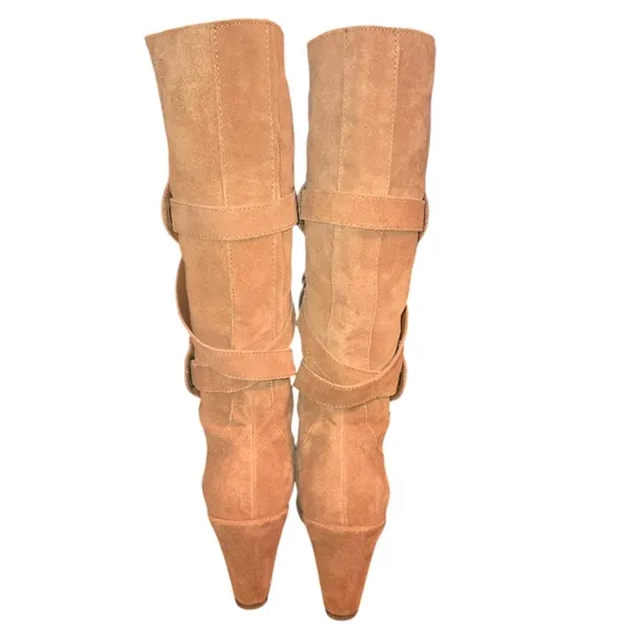 Bjorndal Tan Suede Leather Strappy Wedge Heeled Side Zip Knee High Boots Size 8