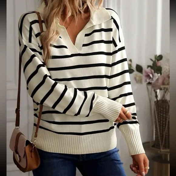 Black and white striped collared V-neck premium sweater