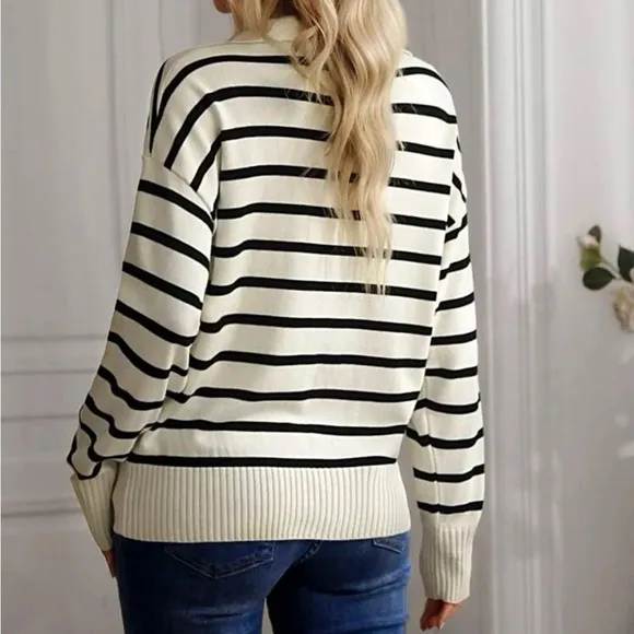 Black and white striped collared V-neck premium sweater