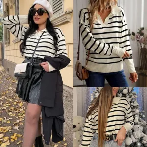 Black and white striped collared V-neck premium sweater