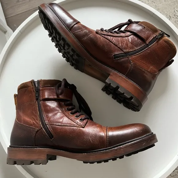 Black Brown 1826 Genuine Leather Brown Lace Up Side Zip Boots 11M