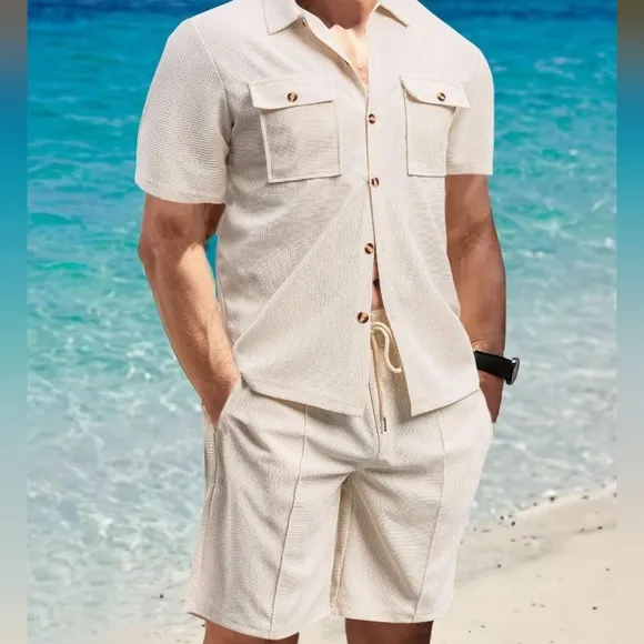 Black Button Down Shirt and Shorts Set