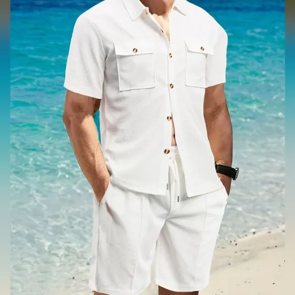 Black Button Down Shirt and Shorts Set