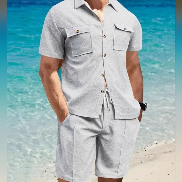 Black Button Down Shirt and Shorts Set