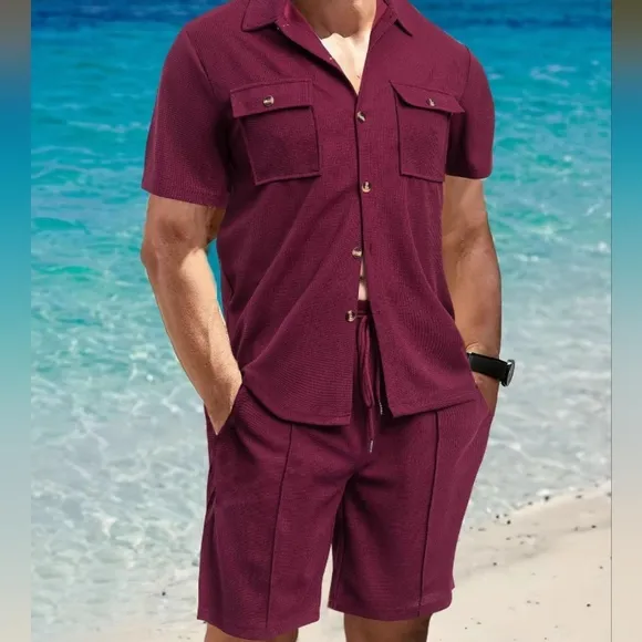 Black Button Down Shirt and Shorts Set