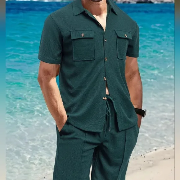 Black Button Down Shirt and Shorts Set