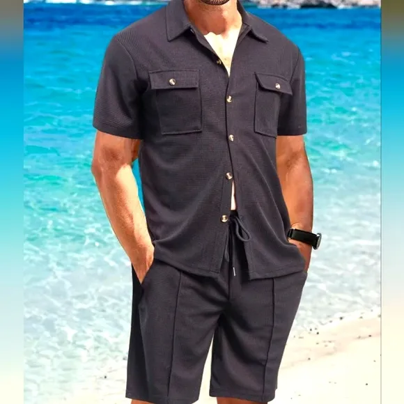 Black Button Down Shirt and Shorts Set