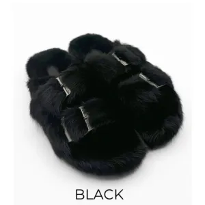 Black Faux Fur Mules