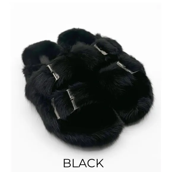 Black Faux Fur Mules