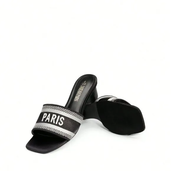 Black Glamorous Women's Glittery Chunky Heeled Square Toe Mule Sandals