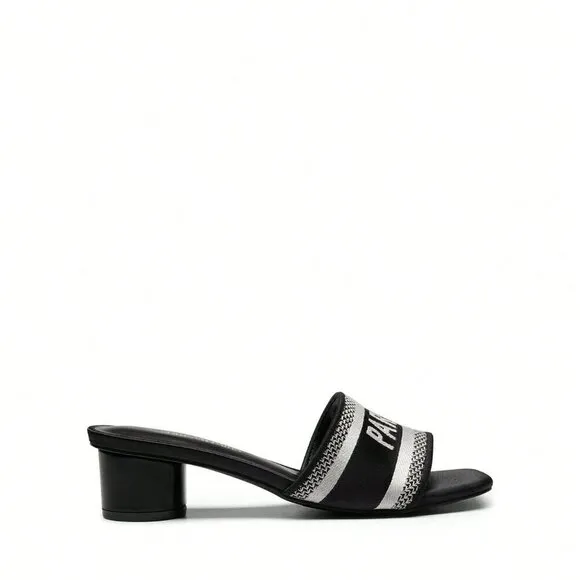 Black Glamorous Women's Glittery Chunky Heeled Square Toe Mule Sandals