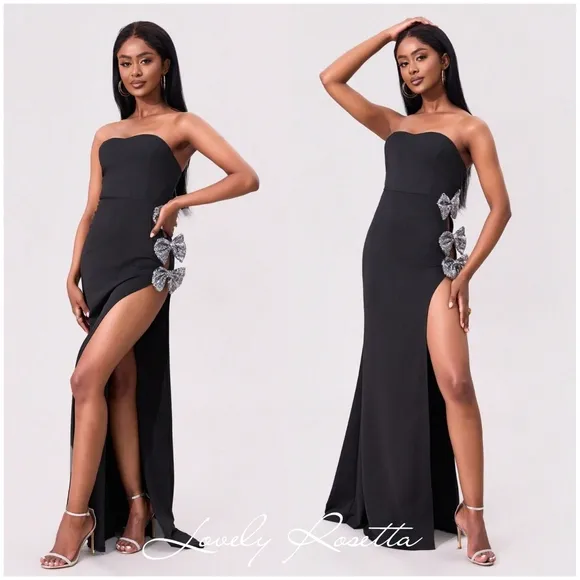 Black Strapless Bow Design Evening Dress