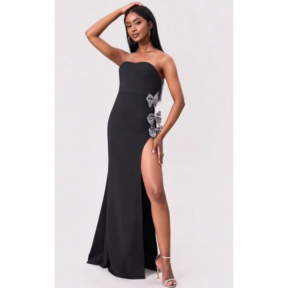 Black Strapless Bow Design Evening Dress