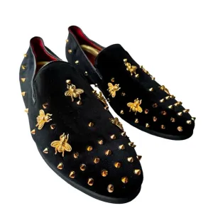Black Suede Gold Bees Spike Studs Punk Rock Mens Loafers Flats Dress Sho…