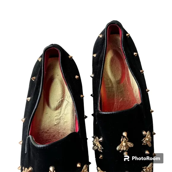 Black Suede Gold Bees Spike Studs Punk Rock Mens Loafers Flats Dress Sho…