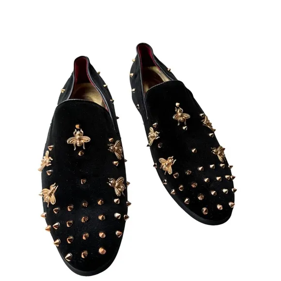 Black Suede Gold Bees Spike Studs Punk Rock Mens Loafers Flats Dress Sho…