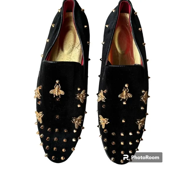 Black Suede Gold Bees Spike Studs Punk Rock Mens Loafers Flats Dress Sho…