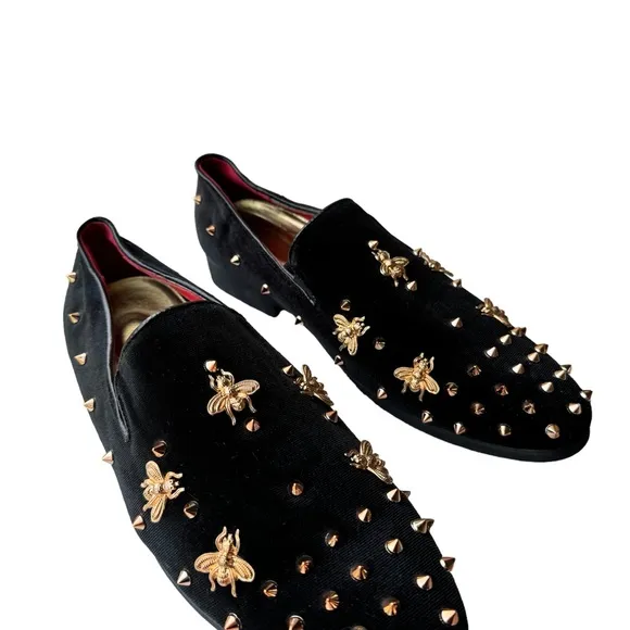 Black Suede Gold Bees Spike Studs Punk Rock Mens Loafers Flats Dress Sho…