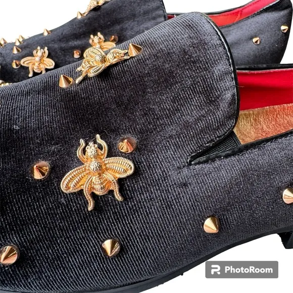 Black Suede Gold Bees Spike Studs Punk Rock Mens Loafers Flats Dress Sho…