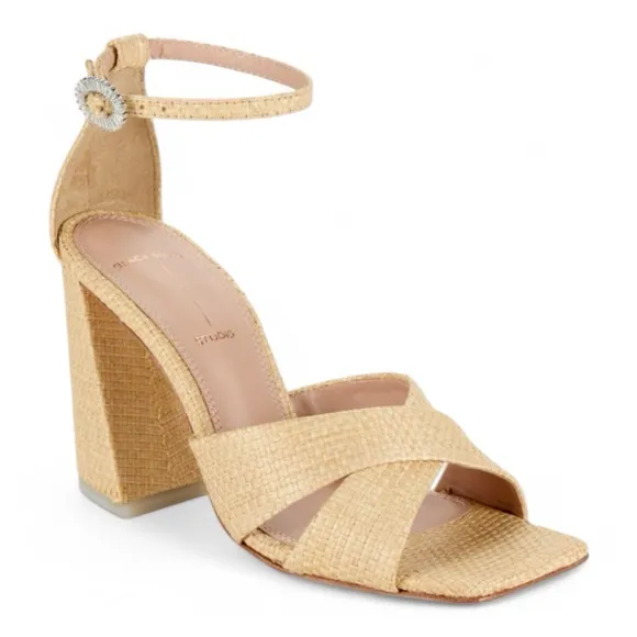 BLACK SUEDE STUDIO Chelsea Raffia Block Heel Sandals NWT