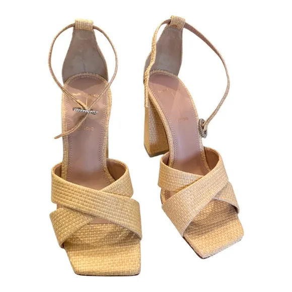 BLACK SUEDE STUDIO Chelsea Raffia Block Heel Sandals NWT