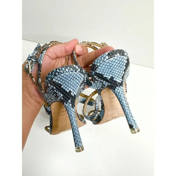 Black Suede Studio Sandals Womens Size 7 Blue Black Leather Gwen Snake Print